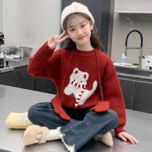 女童毛衣冬装2025新款儿童网红洋气时髦加厚红色冬季女孩爆款上衣