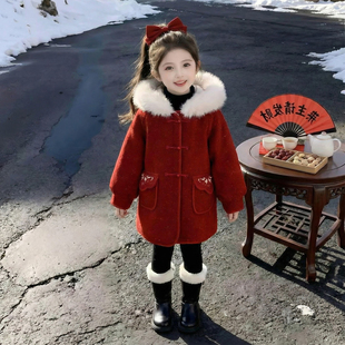 女童外套冬装2026新款儿童洋气时髦爆款加厚红色呢子大衣女孩衣服