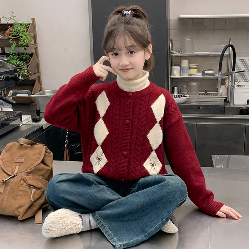 女童毛衣冬装2025新款洋气儿童时髦加厚假两件毛线衫女孩冬季衣服