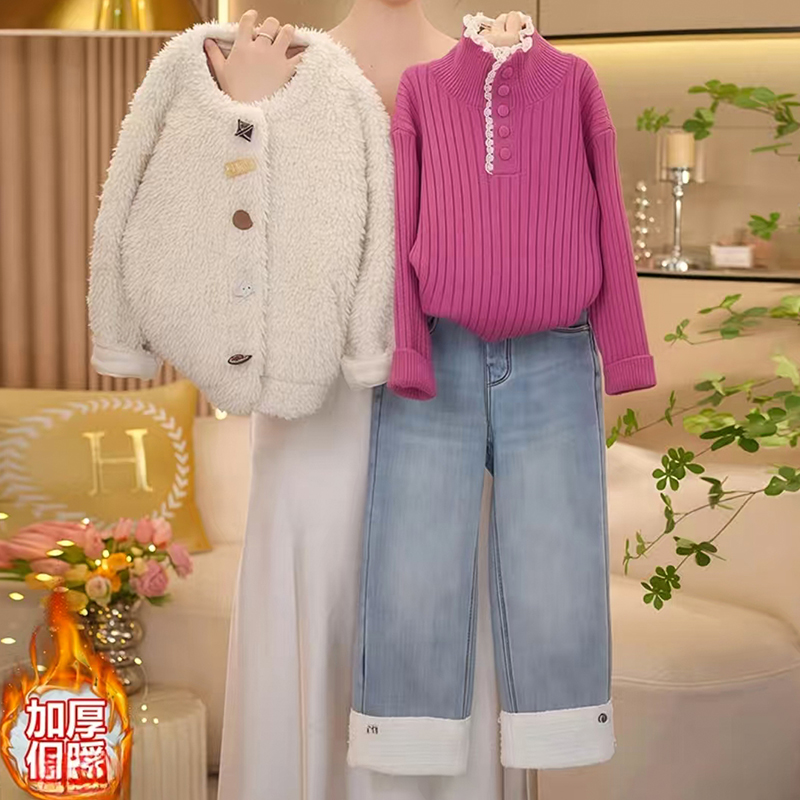 女童套装冬装2025新款洋气儿童时髦加绒牛仔三件套小女孩冬季衣服