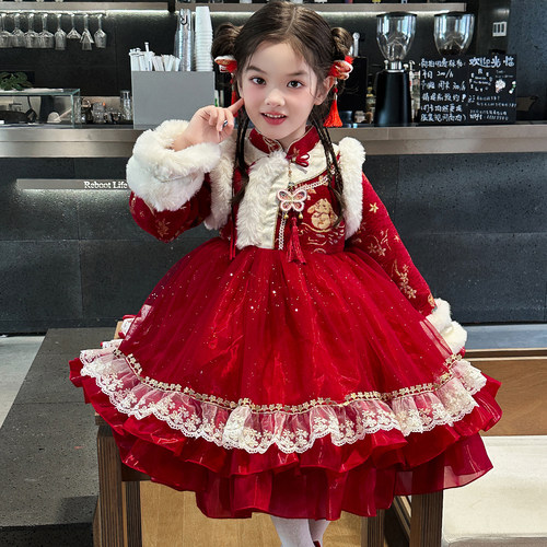 汉服女童连衣裙2025新款冬季儿童国风爆款拜年服公主裙女孩裙子厚