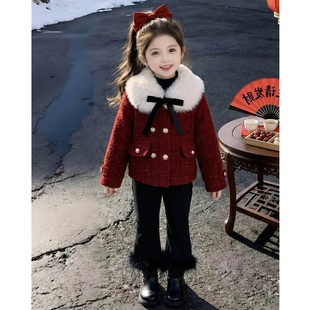 女童套装冬装2026新款儿童洋气时髦高级爆款红色女孩新年装小香风