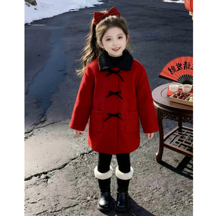 女童外套2026新款冬装儿童网红洋气爆款红色过年呢子大衣女孩加厚