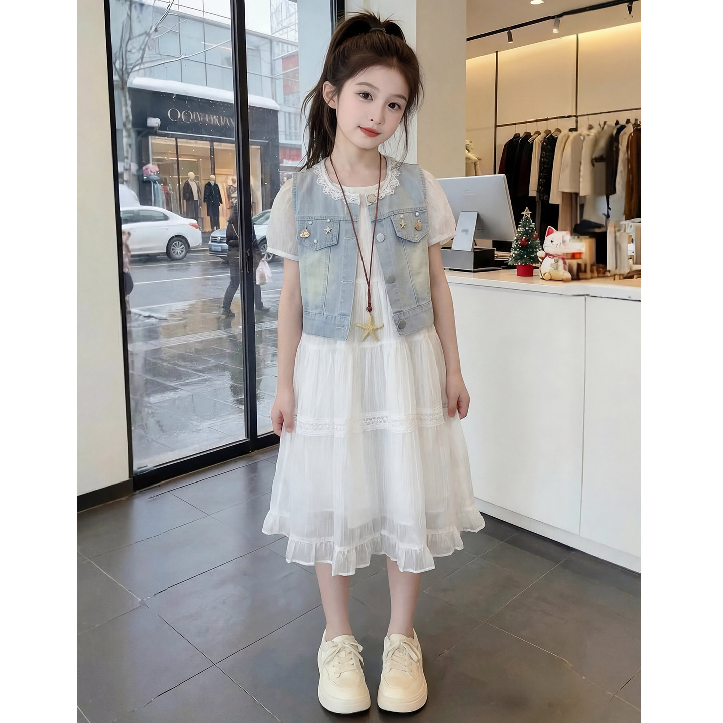 女童连衣裙夏季2026新款洋气儿童时髦牛仔马甲两件套女孩夏装裙子
