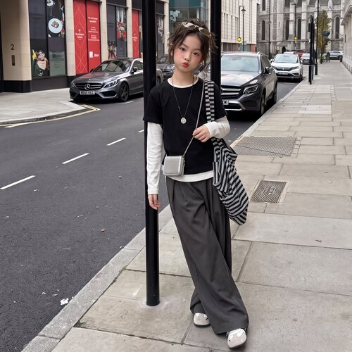 女童秋套装2026新款儿童童装洋气韩版假两件休闲服女孩春秋两件套
