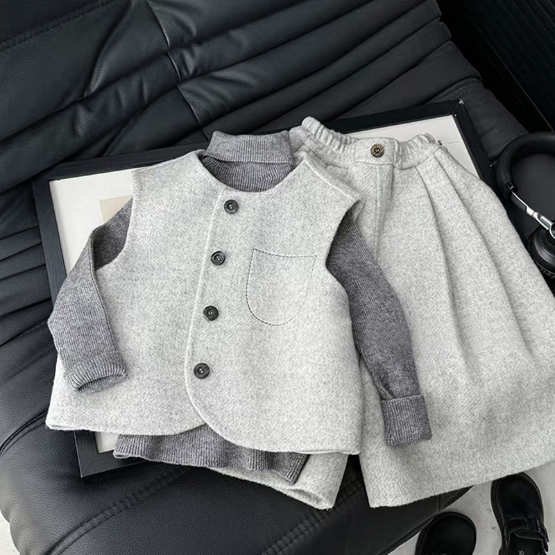 女童冬装套装2025新款儿童时髦毛呢马甲针织三件套小女孩冬季衣服