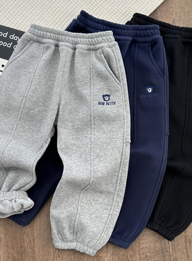 男童卫裤一体绒加厚加绒秋冬a类束脚宽松痞帅潮中大童休闲运动裤