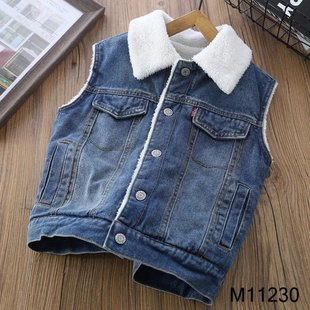 男童女童牛仔马甲秋冬加绒加厚水洗羊羔毛洋气潮酷中大童2025新款