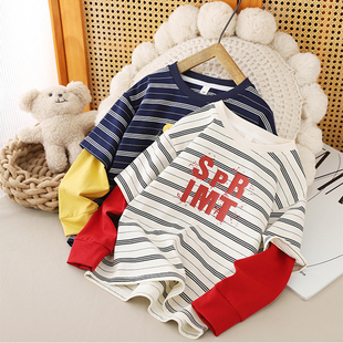 男童长袖t恤假两件春秋款薄款条纹宽松痞帅风潮牌2026新款中大童