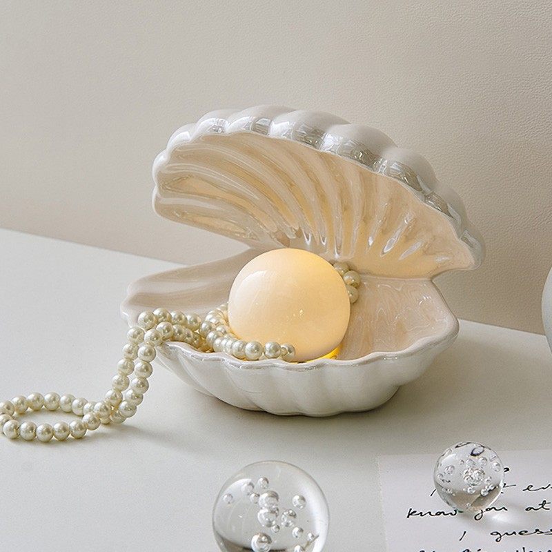 法式奶油风装饰贝壳小夜灯床头柜桌面摆件卧室珍珠项链收纳首饰盒