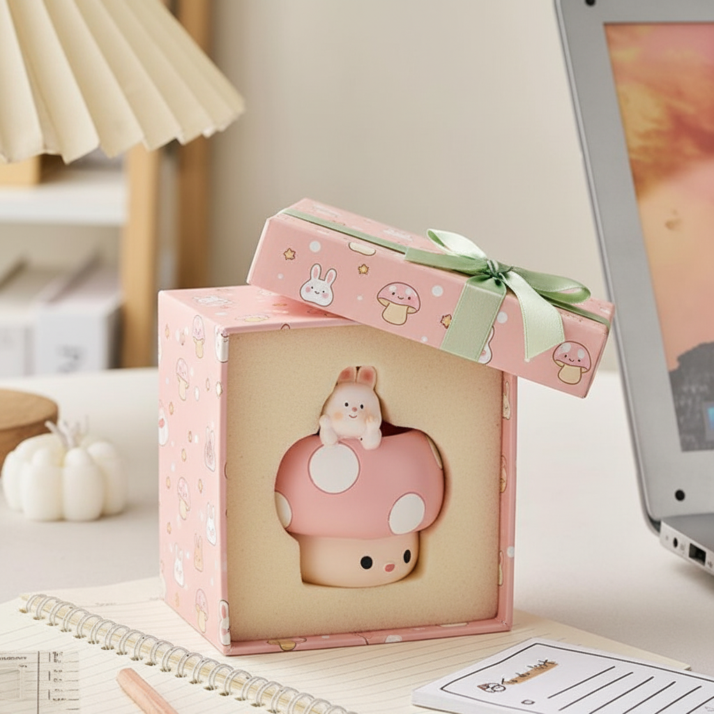 软萌治愈系兔子蘑菇树脂桌面摆件