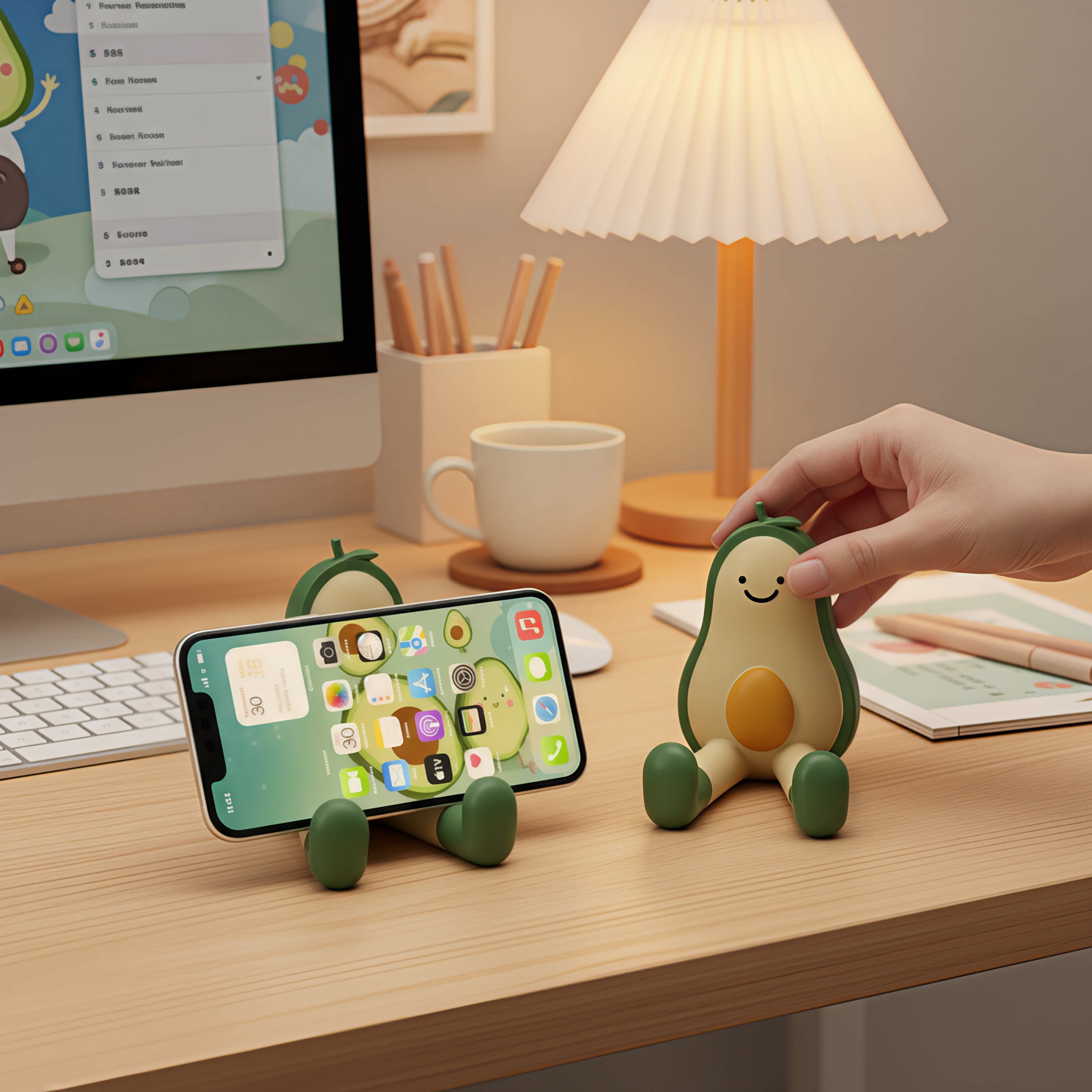 可爱牛油果手机支架桌面摆件卡通造型树脂工艺办公装饰