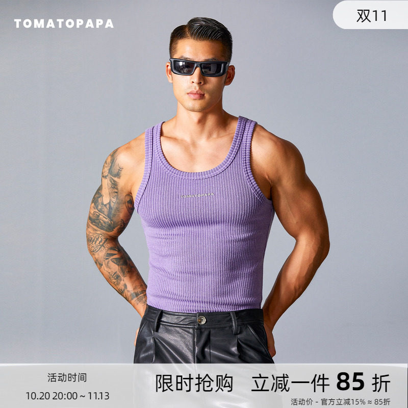 TOMATOPAPA美式背心2025夏季圆领潮男士运动螺纹高弹针织厚款健身