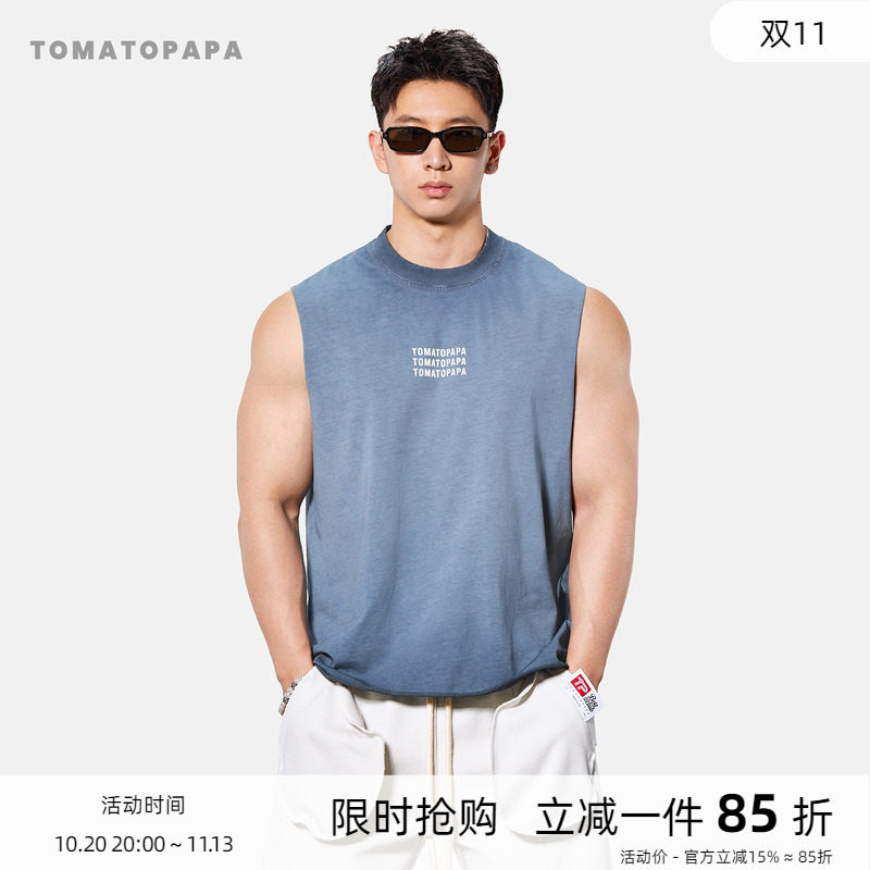 TOMATOPAPA街头字母背心男士夏季宽松卷边无袖休闲水洗烫印汗背心