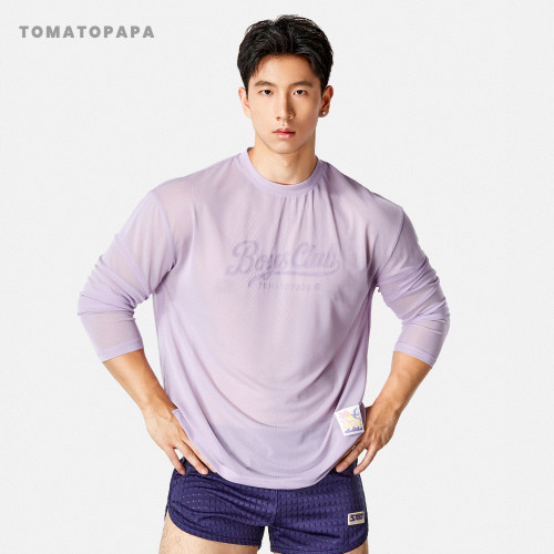 TOMATOPAPA男士长袖T恤休闲圆领字母印花透气网纱运动健身打底衫