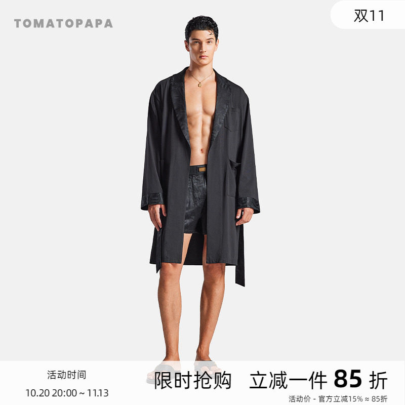 TOMATOPAPA睡袍棉中长款铜氨丝古巴领腰带晨袍居家性感浴袍睡衣男