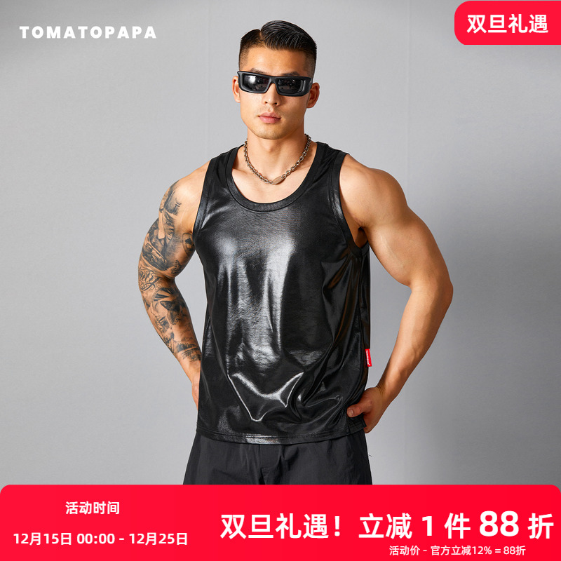 TOMATOPAPA夏季新款背心复古高弹仿皮柔软时尚休闲百搭潮流无袖衫