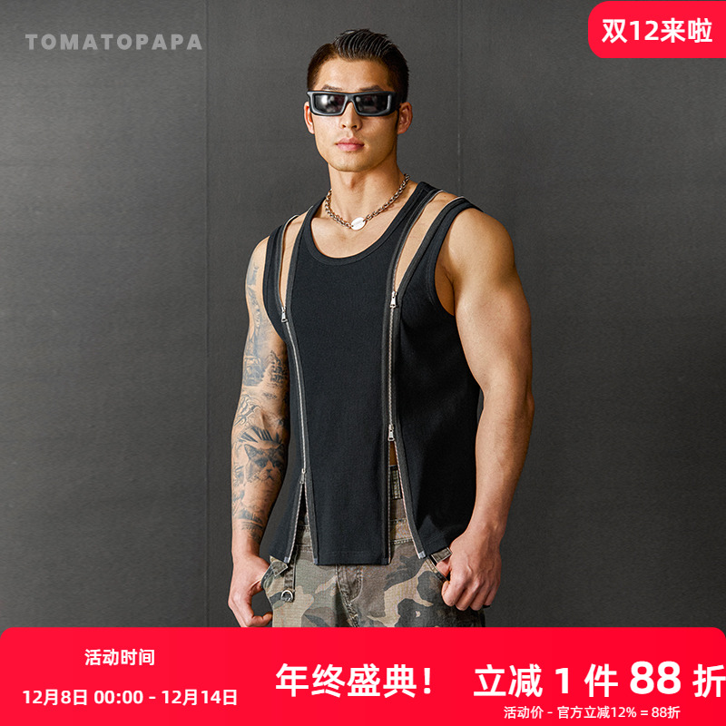 TOMATOPAPA夏季2025男士背心重磅螺纹原创双拉链运动健身无袖T恤