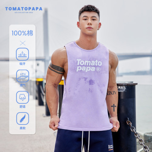 TOMATOPAPA男士背心棉透气吸汗运动背心字母印花套头汗背心宽松型