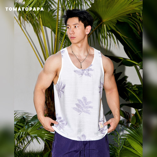 TOMATOPAPA夏季背心男士刺绣植物叶休闲运动无袖显手臂细肩健身衣