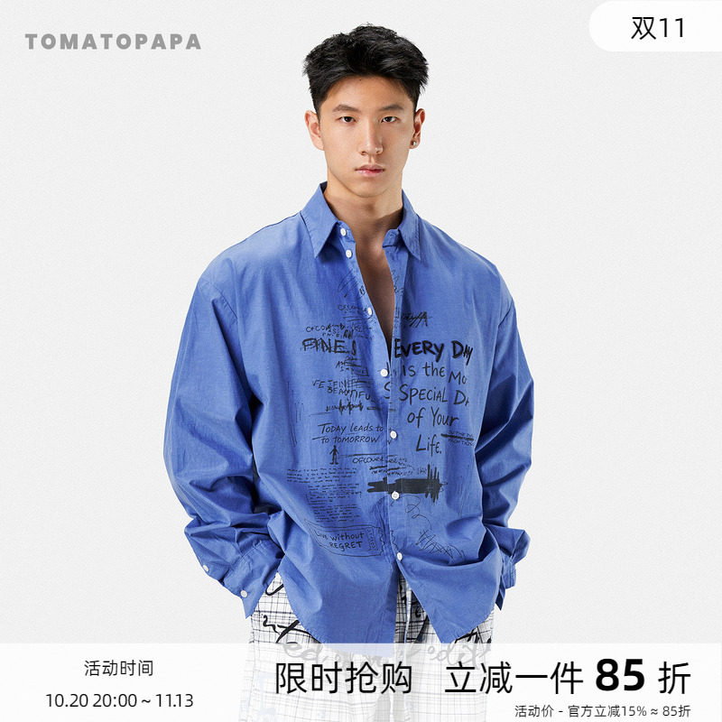 TOMATOPAPA美式涂鸦风字母印花长袖衬衫男宽松休闲感高街衬衣潮