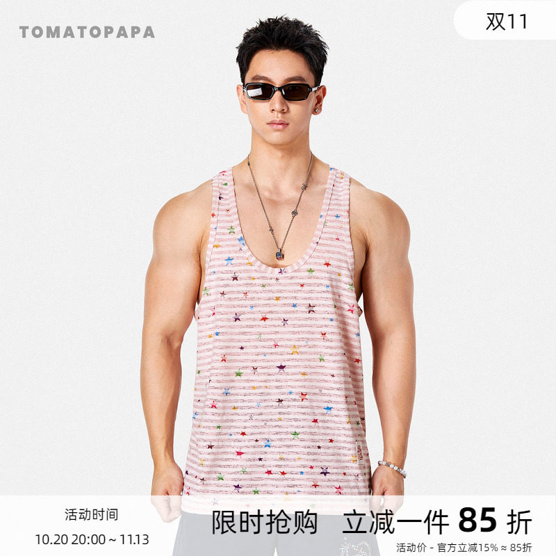 TOMATOPAPA度假风背心男夏季透气汗背心彩色印花旅游运动健身训练