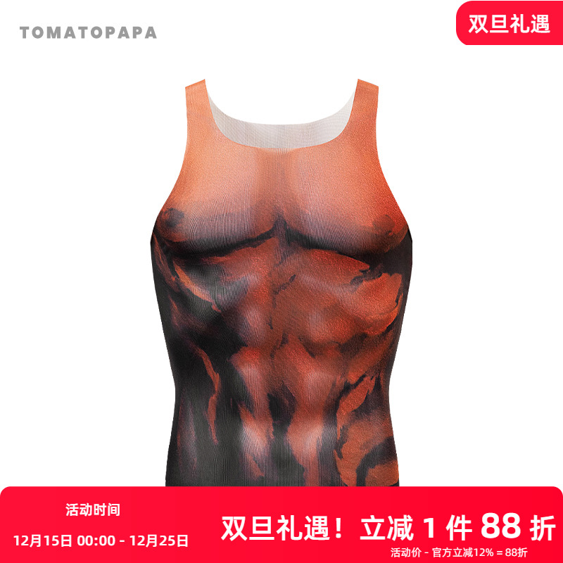 TOMATOPAPA美式复古漫画红色恶魔肌肉运动修身弹力网纱薄款背心男