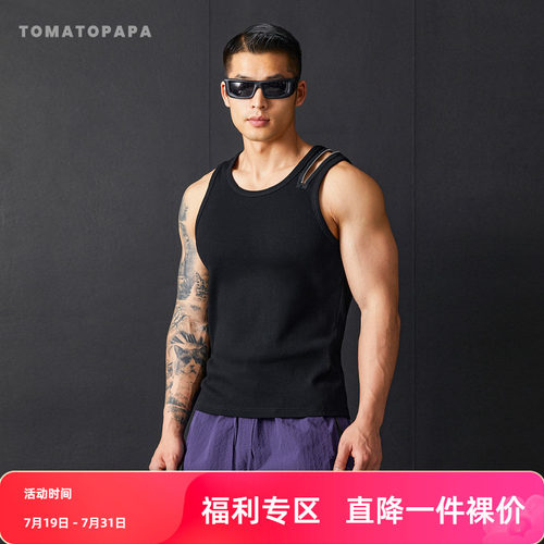 TOMATOPAPA美式经典修身无袖背心夏单肩拉链健身打底运动弹力上衣