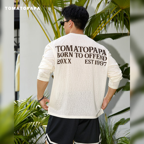 TOMATOPAPA美式风字母印花长袖T恤男士莱赛尔亚麻街头运动套头衫