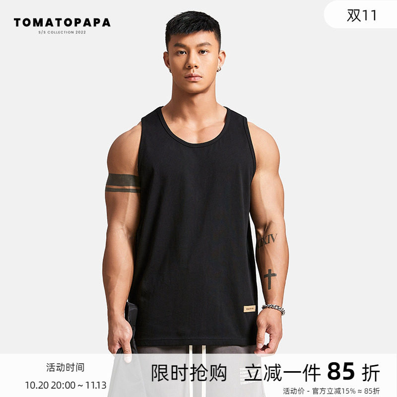 TOMATOPAPA原创运动背心男夏季纯色圆领T恤宽松透气跑步水洗无袖