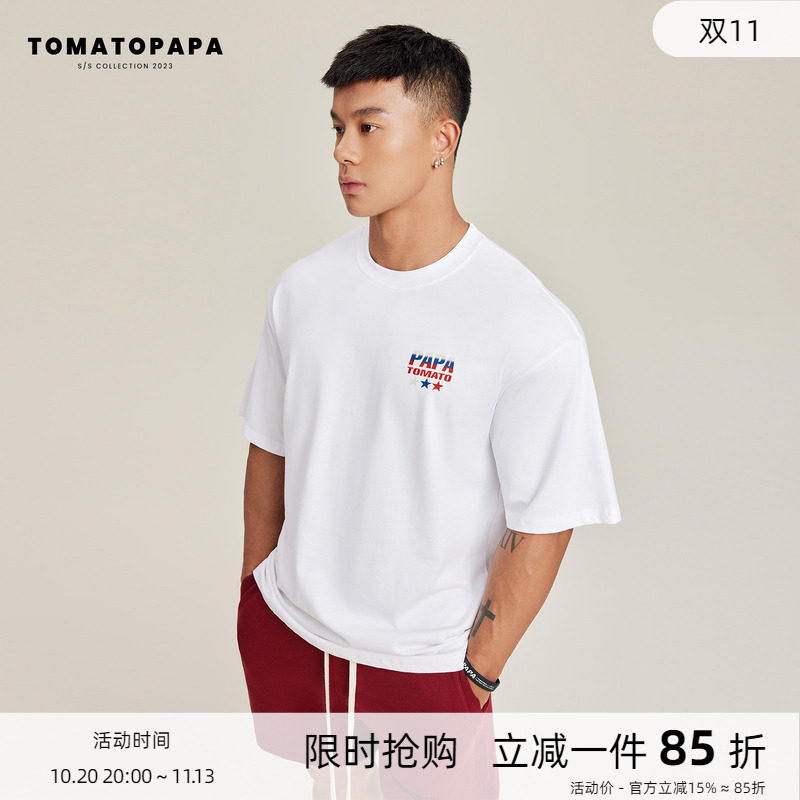 TOMATOPAPA短袖圆领T恤高街潮流印花半袖简约男上衣百搭柔软体恤