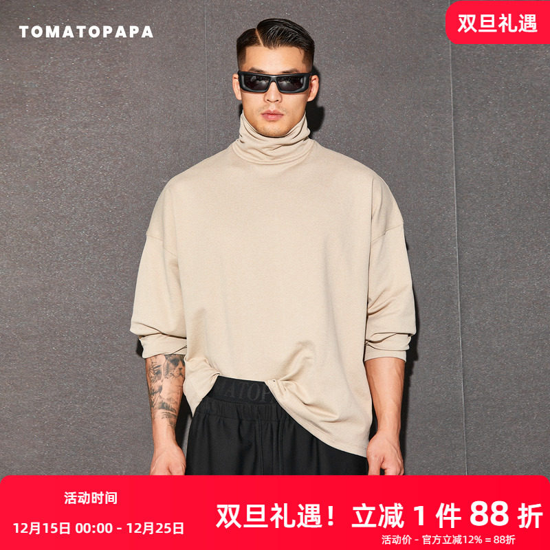 TOMATOPAPA秋冬季宽松长袖T恤高领复古休闲慵懒风堆领体恤可外穿