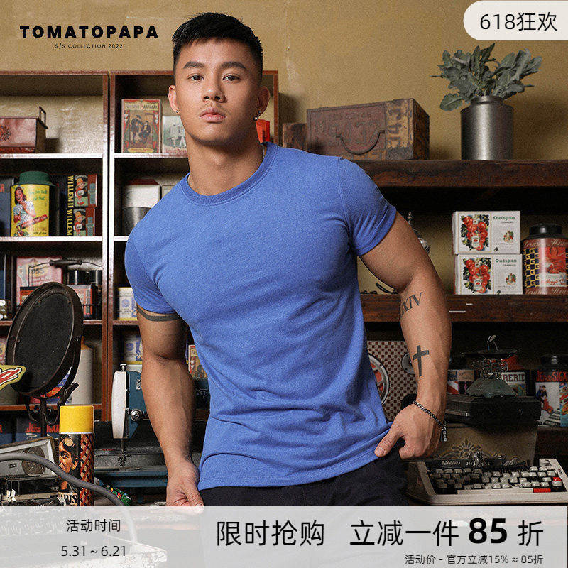 【2件】TOMATOPAPA欧美运动风花纱混纺T恤男休闲纯色短袖型男健身