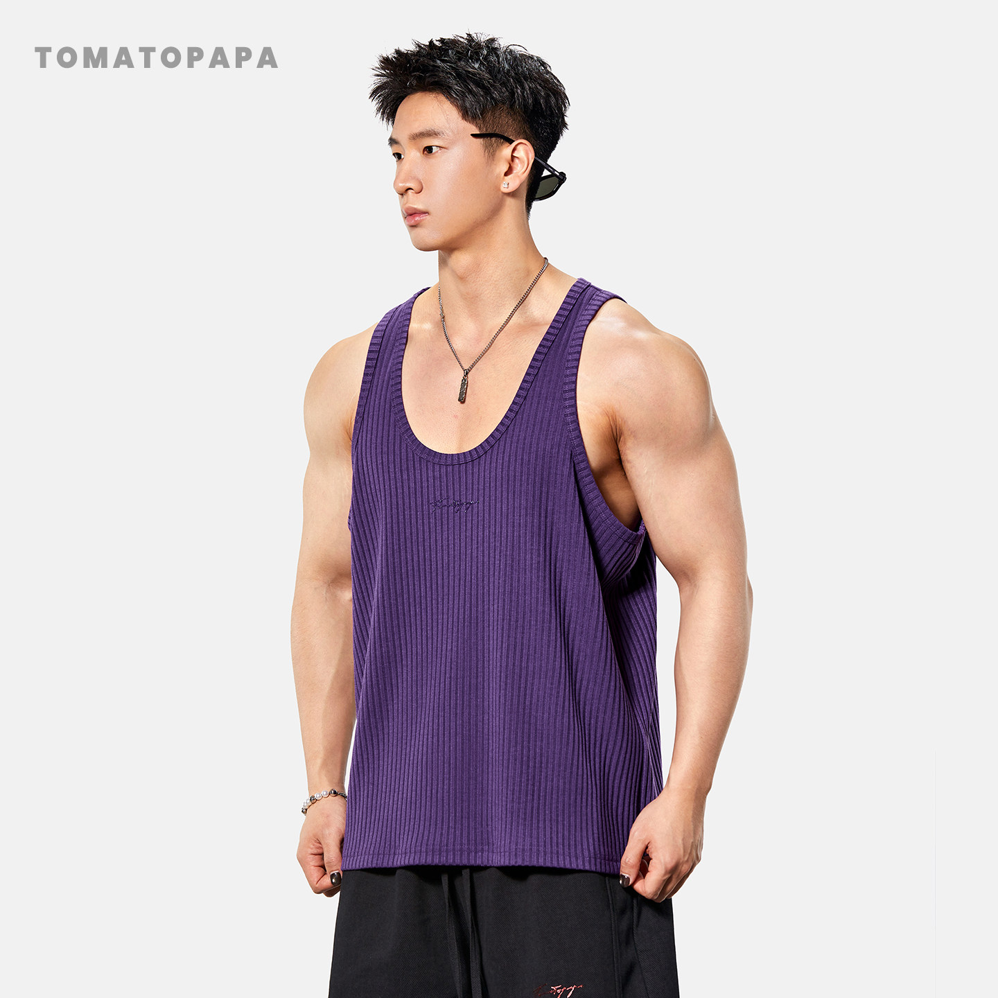 TOMATOPAPA宽松型罗纹背心男士夏季透气健身训练运动汗背心纹理感
