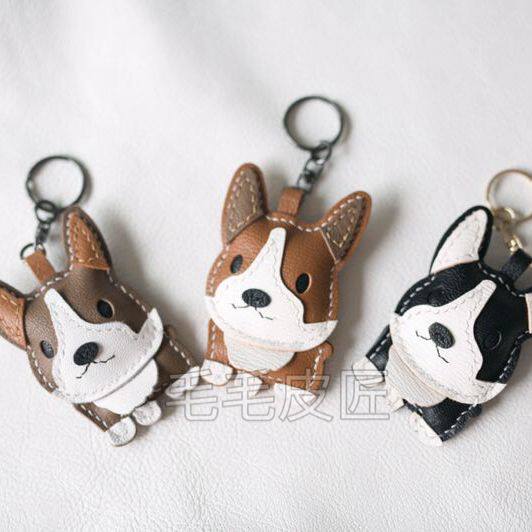 热销七夕手工牛皮柯基犬汽车钥匙扣真皮可爱狗生肖卡通包包挂件