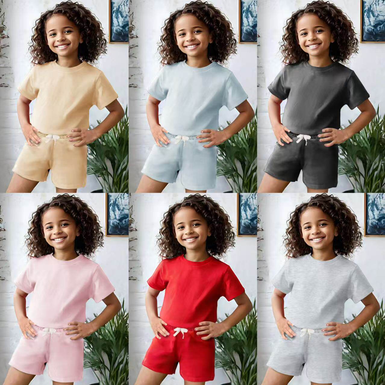 跨境爆款2025新款夏季女童套装纯色短袖基础款休闲运动时尚短裤