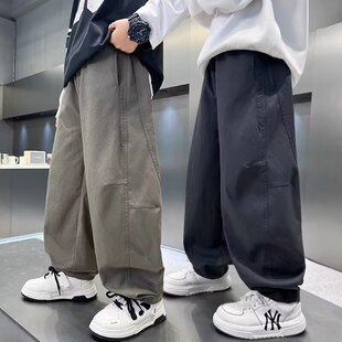 休闲帅气男童裤子春秋款直筒裤潮流洋气褶皱简约纯色百搭宽松卫裤