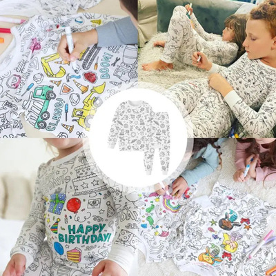 跨境儿童涂鸦睡衣套装彩色DIY婴幼儿棉质colouring pajama sets