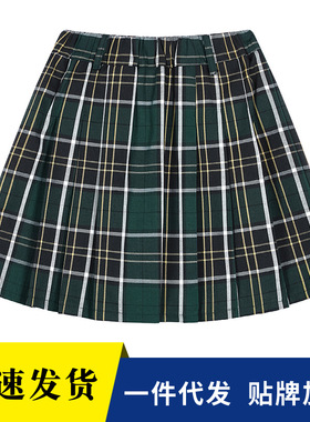 女童绿色格子百褶裙女孩半身裙春秋小学生大童短裙儿童校服半身裙