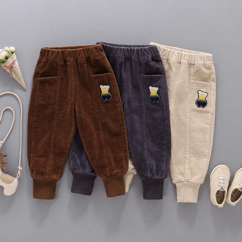 男童灯芯绒裤子秋装新款弹力卡通熊男宝宝休闲裤长裤儿童条绒裤春