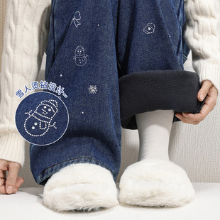 女童加绒裤子儿童冬季加厚阔腿牛仔裤2026新款秋冬款雪人烫钻长裤