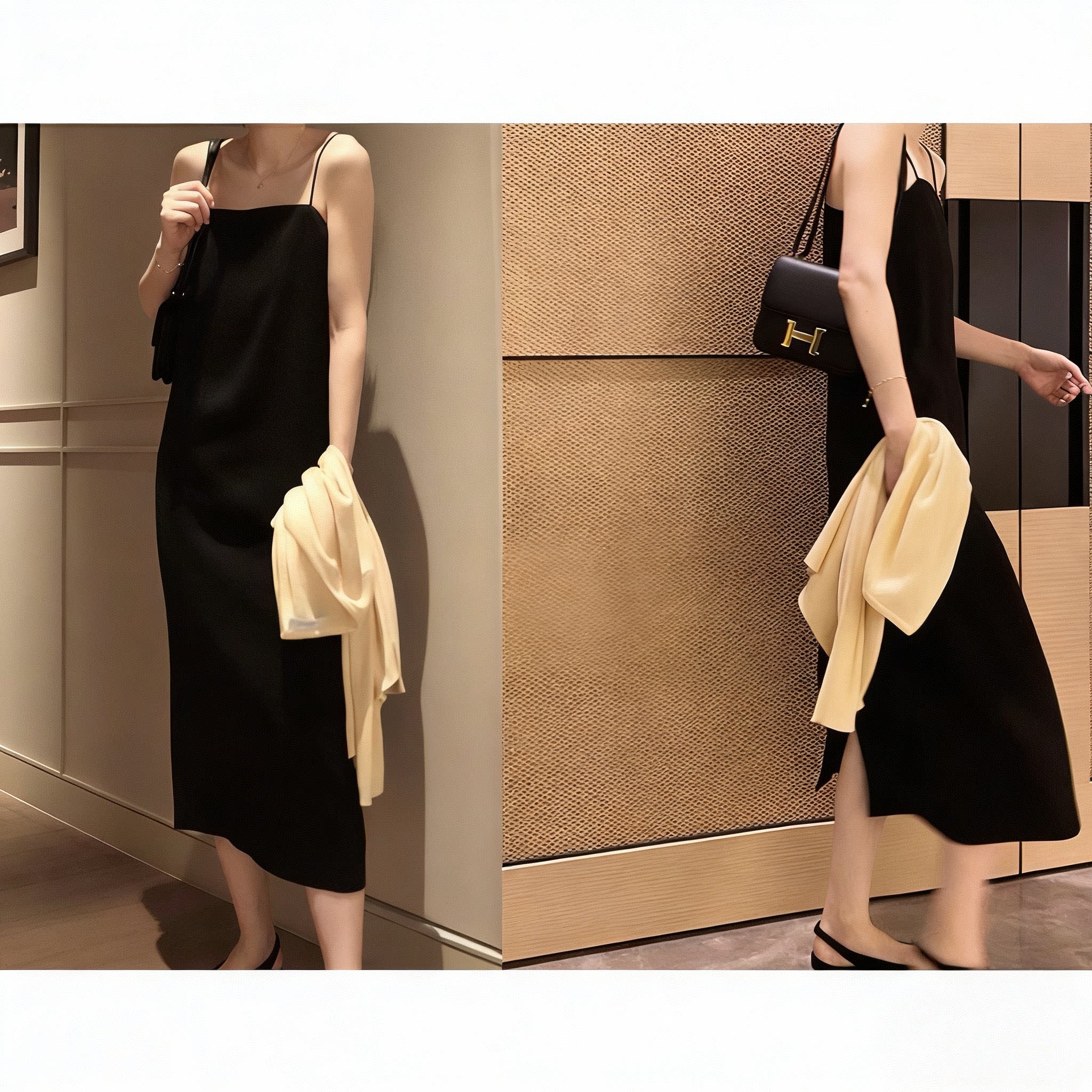 春夏一字领黑色无袖显瘦吊带连衣裙子直筒气质时尚感中长女装