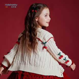 丢手绢原创100%纯棉外套女童甜美樱桃长袖针织衫开衫女宝童装上衣