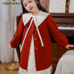 丢手绢原创女童红色外套翻领毛呢大衣中长款洋气童装迎新年秋冬装