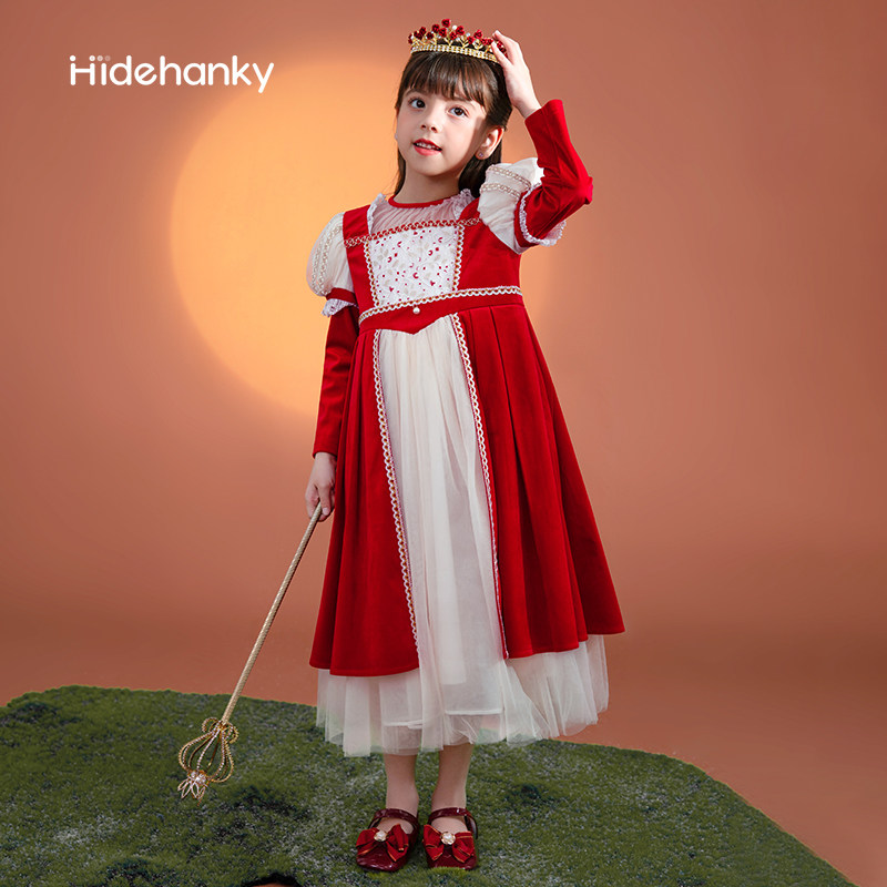 丢手绢原创女童长袖秋冬公主连衣裙蕾丝网纱拼接女宝生日拍摄礼服