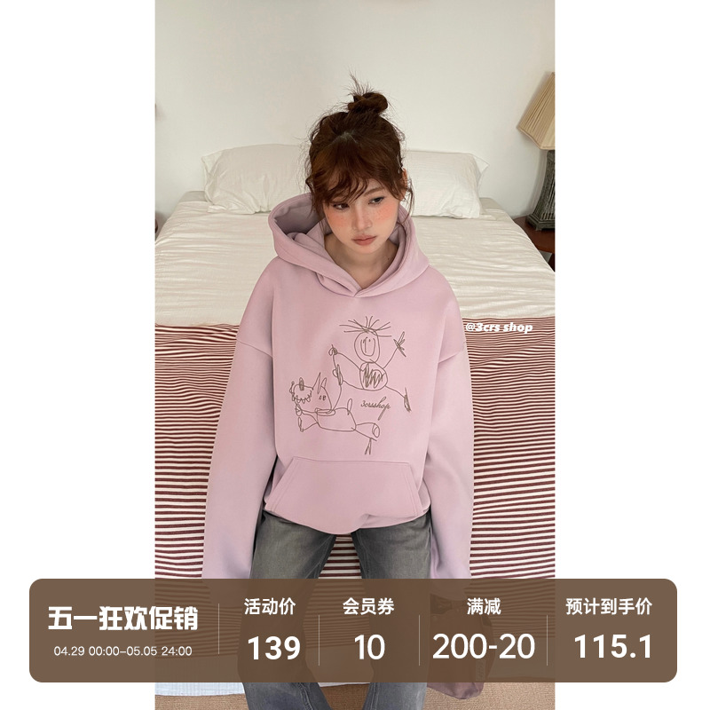 3crsshop紫色美式慵懒chic连帽卫衣女春秋季2024新款oversize上衣 女装/女士精品 卫衣/绒衫 原图主图