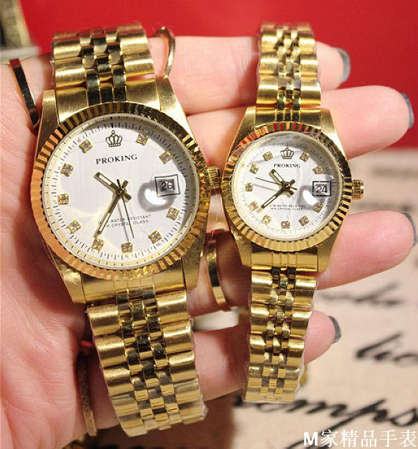 皇冠proking复古金表大表盘镶钻日历手表男女表情侣表礼品表
