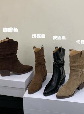 高跟复古西部牛仔靴V口马