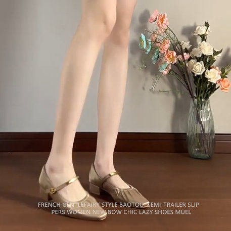 羊皮版~法式绸缎一字扣单鞋女方头粗跟玛丽珍鞋气质配裙子高跟鞋