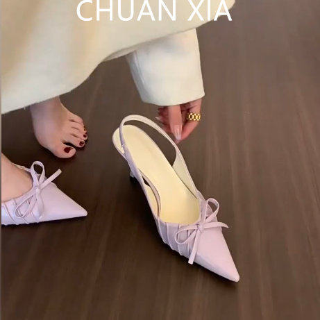 羊皮版！真皮褶皱包头凉鞋女绝美蝴蝶结尖头高跟鞋配裙子细跟单鞋,女鞋,时装凉鞋,淘宝优惠券,粉丝福利购,淘宝优惠卷